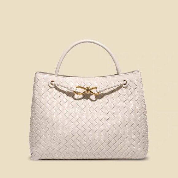 Designer Woven Leather Handbag - Golden metal knot Leather Handle Tote - Picture 11 of 14